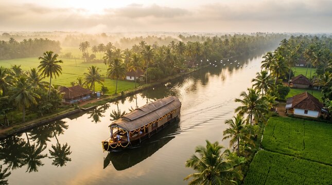 Luxury houseboat sailing through lush Kerala backwaters