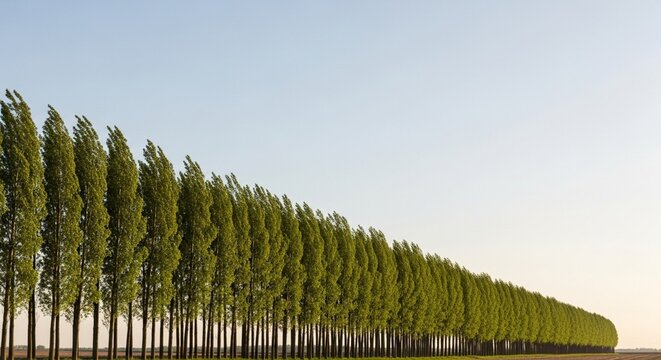 A Row of Poplar Trees Creating a Natural Windbreak Under a Vast Pale Blue Afternoon Sky
