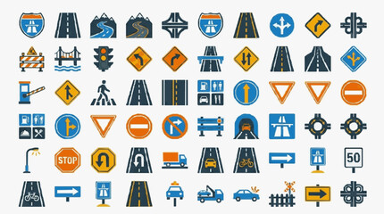Fototapeta premium Creative Colorful Icons Set of Road Signs Traffic Signals and Highway Symbols for Infographics and Presentations