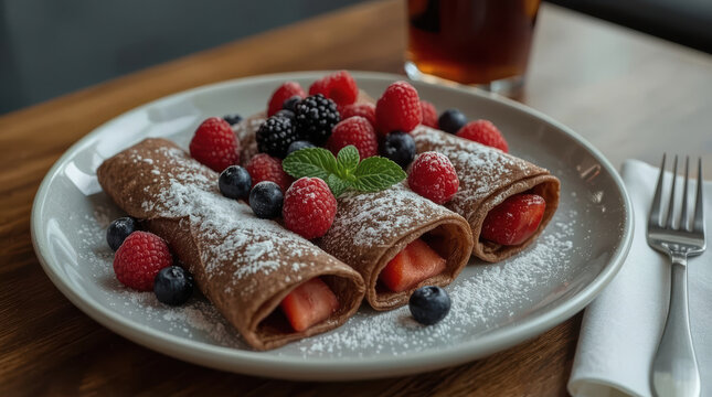 Chocolate crepe with fresh berries and mint, powdered sugar dusted, elegant breakfast