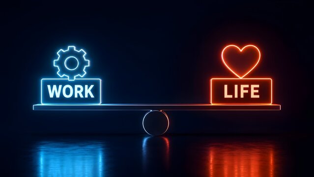 Glowing neon scale balancing blue gear symbol for work and orange heart symbol for life representing work-life equilibrium.
