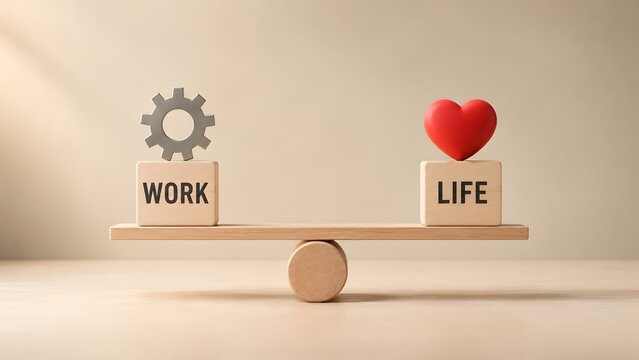 Simple wooden scale balancing metallic gear symbol representing work and 3D red heart representing life for healthy lifestyle choice.