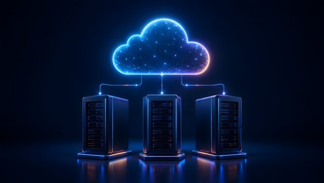 Glowing virtual cloud computing network connected by digital lines to three local database server towers in dark room.