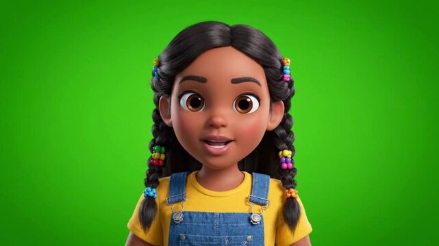 Cheerful Animated Girl Presenting With Braided Hair On Green Screen