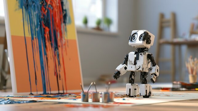Black white cartoon robot artist standing center bright art studio, gazing left colorful abstract canvas with vertical blue red paint drips on yellow orange base, paint cups brushes splattered floor m