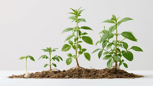Plant growth cycle stages illustration, seed germination, seedling to mature plant with roots and green leaves, isolated on white background, agriculture botany diagram