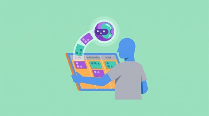 Fototapeta premium AI Bot Automating Task Management on Digital Kanban Board Flat Vector Illustration