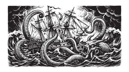 Kraken Sea Monster Attacking Sailing Ship in Stormy Ocean © creations sanddollar