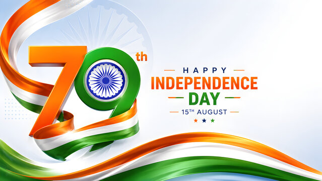 Modern 79th India Independence Day typography with tricolor wave and Ashoka Chakra