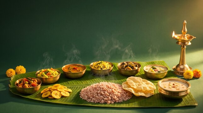 Traditional Kerala Onam sadya with authentic vegetarian dishes and festive decor