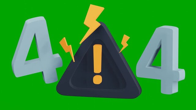 3D 404 Error Page Not Found Loop Animation with Warning Sign on Green Screen