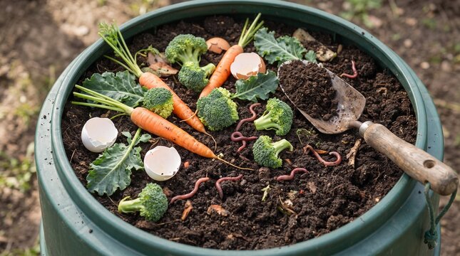 Organic composting bin filled with vegetable scraps and soil for sustainable ethanol production