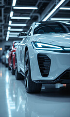 Naklejka premium Electric vehicle factory line of sleek modern cars in a high tech automotive manufacturing plant under bright lights