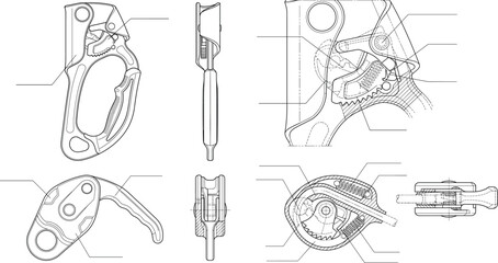 Obraz premium Mechanical Rope Ascender Line Technical Drawing with Internal Components and Cross Section Views