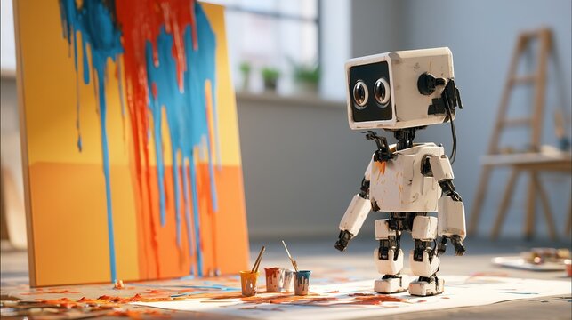 Black white cartoon robot artist standing center bright art studio, gazing left colorful abstract canvas with vertical blue red paint drips on yellow orange base, paint cups brushes splattered floor m