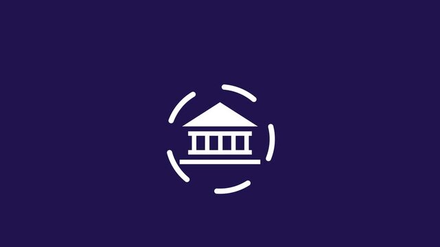 Cyan Glowing Bank Building Icon Animated with Rotating Segmented Circle Lines on Black Background video...