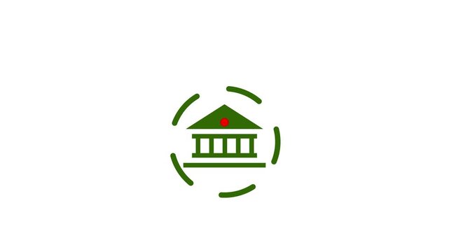 Cyan Glowing Bank Building Icon Animated with Rotating Segmented Circle Lines on Black Background video...