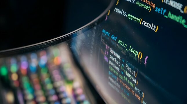 Colorful Programming Code on Curved Screen with Abstract Lights