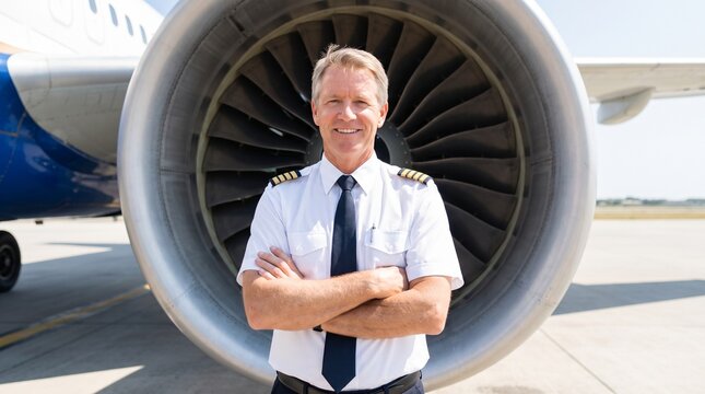 Confident pilot standing in front of airplane jet engine with arms crossed