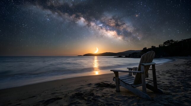 Wooden Chair Facing Crescent Moon and Milky Way over Ocean Beach at Night