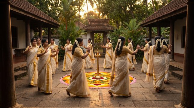 Onam cultural celebration with women in kasavu sarees performing dance