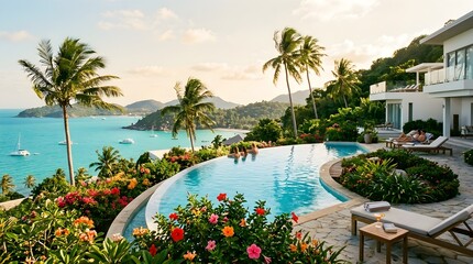 Fototapeta premium Luxury Infinity Pool Overlooks Tropical Bay with Yachts and People Relaxing in Villas