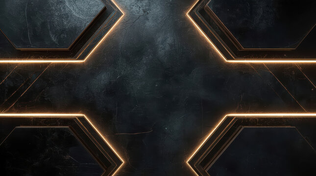 Dark metallic background with glowing gold hexagon outlines and textured surface