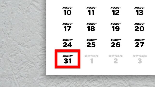 Red cursor highlighting August 31st on a 2026 wall calendar page