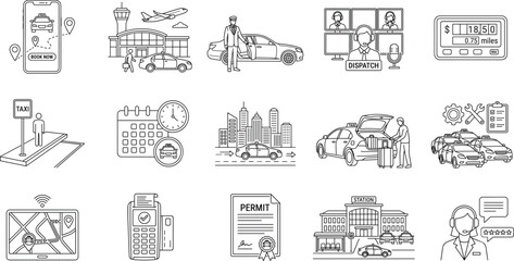 Obraz premium Taxi Transportation Service Line Icon Set with Booking, Airport Transfer and Dispatch System