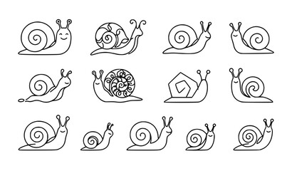 Set of cute hand drawn snail characters with various shell patterns in a simple black line art style © Mdarman