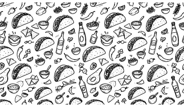 Seamless pattern of hand drawn mexican food elements including tacos nachos salsa and hot sauce bottles