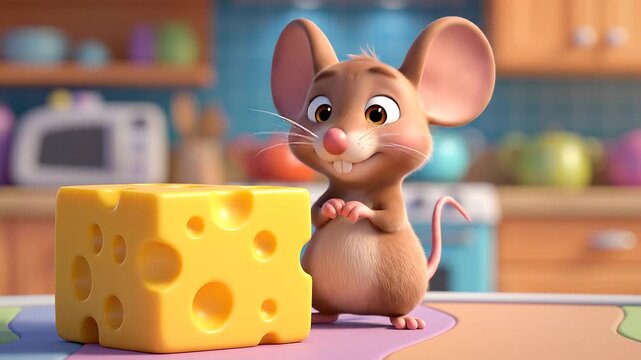 Cartoon Mouse Excitedly Reacts to Cheese Cube