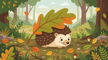 Cute cartoon hedgehog hiding under a large autumn oak leaf in a magical forest woodland scene