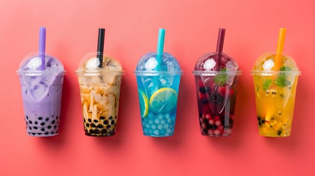 Five colorful bubble tea drinks in plastic cups with straws lined up on a pink background