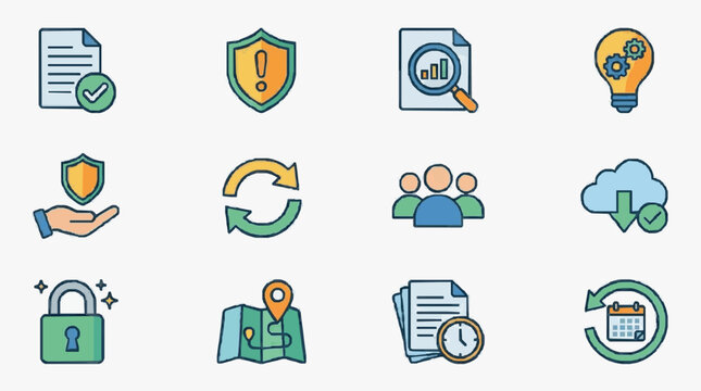Modern Colorful Icons Set Featuring Document Security Analytics Innovation Compliance Collaboration Cloud Lock Map Time Recycle