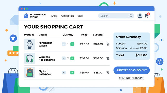 User Interface Design for an Online E-commerce Shopping Cart Page with Product List and Order Summary