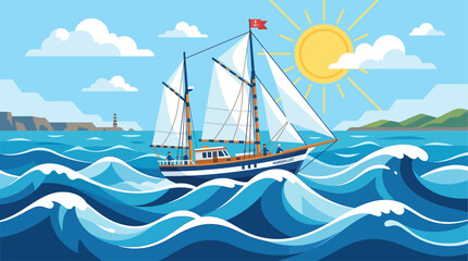 Vibrant vector illustration of a classic sailing ship navigating through choppy blue ocean waves under a bright sunny sky © tayyab