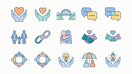 Fototapeta premium Set of 9 Flat Vector Icons Representing Social Connection, Support, and Community Concepts, Including Hands Holding Hearts, Family, Bridge, Chat Bubbles, Link, Hugs, Handshakes, and Umbrella