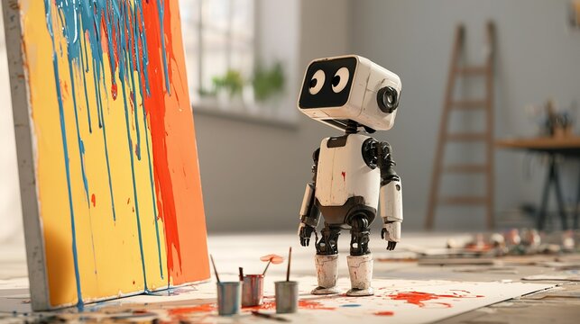 Black white cartoon robot artist standing center bright art studio, gazing left colorful abstract canvas with vertical blue red paint drips on yellow orange base, paint cups brushes splattered floor m