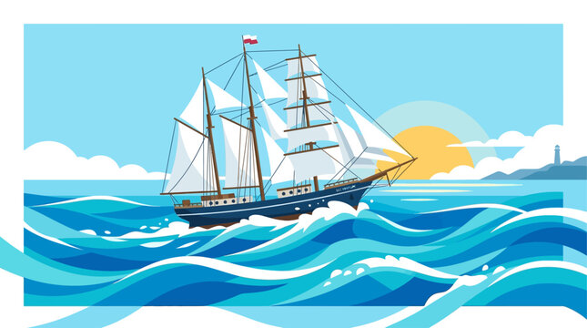A majestic tall ship sailing across the deep blue ocean waves under a bright rising sun on a clear morning horizon