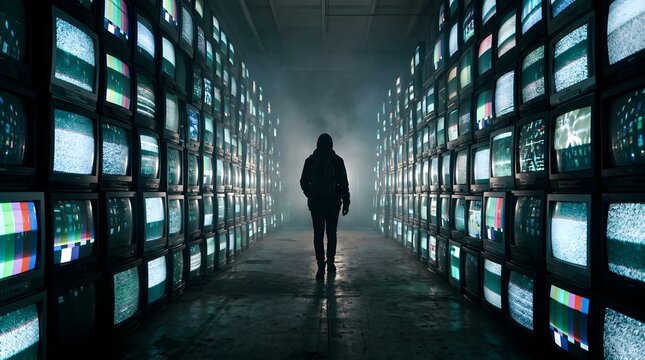 Silhouette Person Standing in a Hazy Corridor Surrounded by Wall of Vintage Tvs