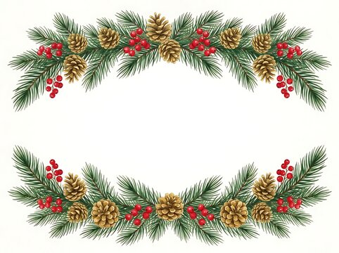 Watercolor border with evergreen pine branches, brown pinecones, and bright red holly berries on a white background