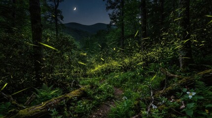 Fototapeta premium Fireflies Glowing Among Plants in Moonlit Woodland