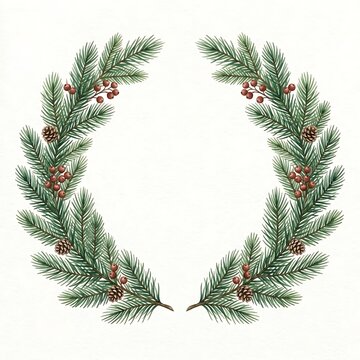 Watercolor wreath with green pine branches, brown pinecones, and red berries, symmetrical floral frame on white background
