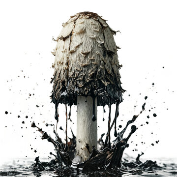Shaggy inkcap mushroom (Coprinus comatus) isolated on a transparent background with black liquid splashing
