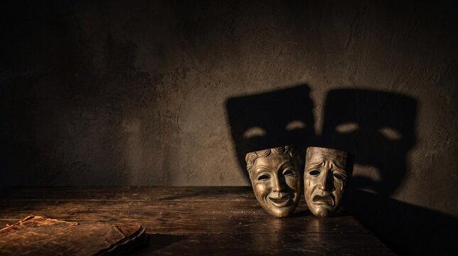Theatrical Comedy and Tragedy Masks on Wooden Table