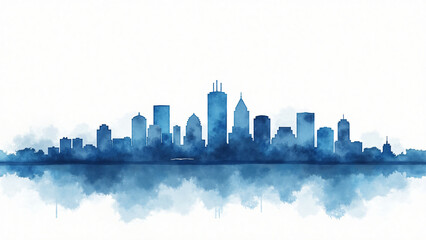 Fototapeta premium Blue watercolor skyline of Portland close-up on white background with bright daylight and crisp textures