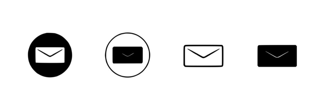 Envelopes in Different Styles and Colors Arranged in a Row Featuring Envelope, Icon, Black with White and Communication Elements