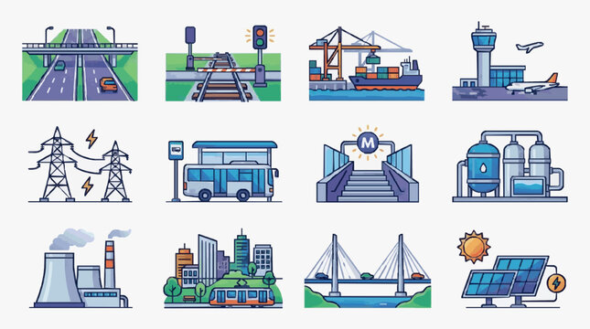 Sleek Colorful Infographic Illustrations of Modern Infrastructure and Urban Systems Featuring Airports Roads Trains Ports Energy and Renewables