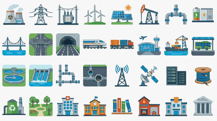 Fototapeta premium Dynamic Illustrated Icons Set Featuring Energy Infrastructure Technology and Urban Life Elements in Vibrant Colors